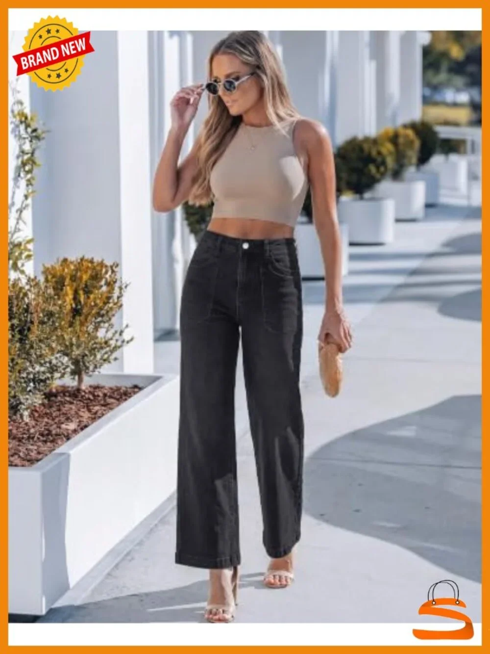 Wide Leg Jeans High Waisted Straight Leg Denim Pants Loose Stretchy Patch Pocket